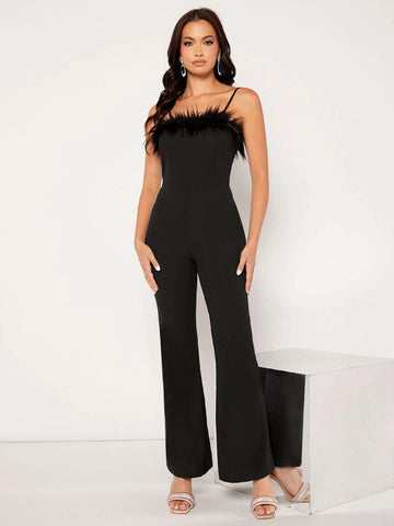 Fuzzy Trim Bootcut Leg Cami Jumpsuit
