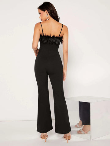 Fuzzy Trim Bootcut Leg Cami Jumpsuit