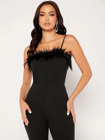 Fuzzy Trim Bootcut Leg Cami Jumpsuit