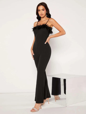 Fuzzy Trim Bootcut Leg Cami Jumpsuit
