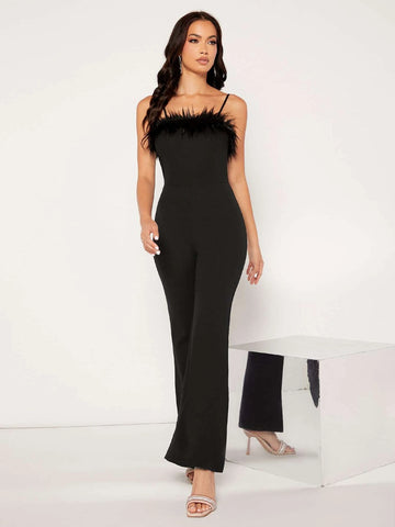 Fuzzy Trim Bootcut Leg Cami Jumpsuit