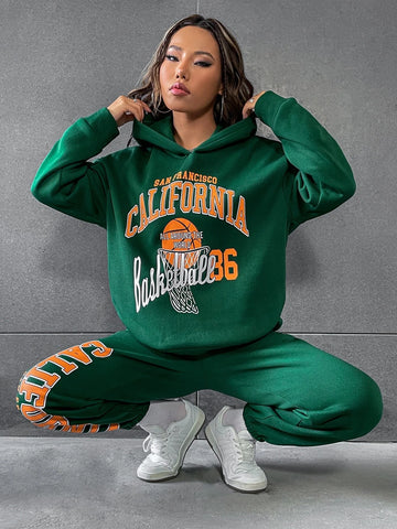 Basketball & Letter Graphic Drop Shoulder Hoodie & Sweatpants