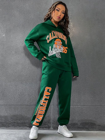 Basketball & Letter Graphic Drop Shoulder Hoodie & Sweatpants