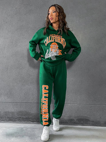 Basketball & Letter Graphic Drop Shoulder Hoodie & Sweatpants