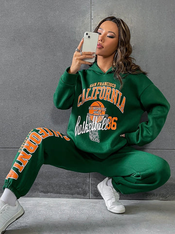 Basketball & Letter Graphic Drop Shoulder Hoodie & Sweatpants