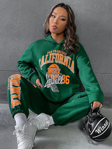 Basketball & Letter Graphic Drop Shoulder Hoodie & Sweatpants