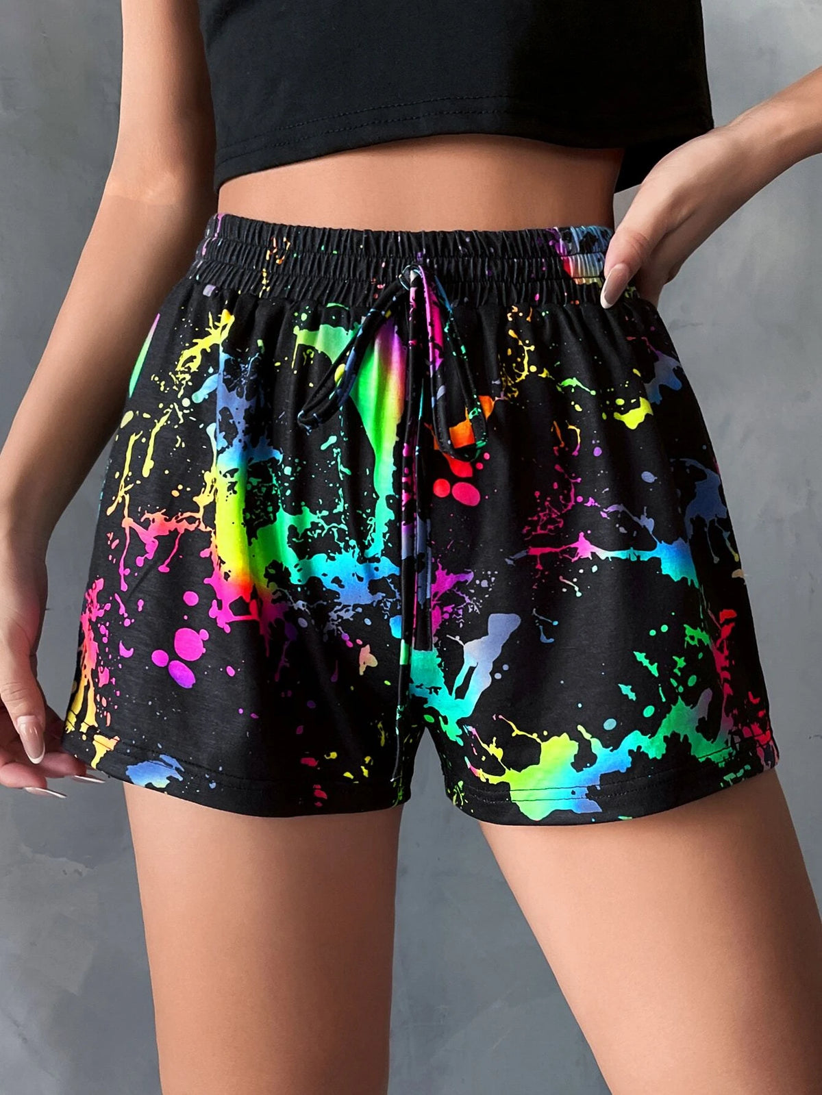 Splash Ink Print Tie Waist Shorts