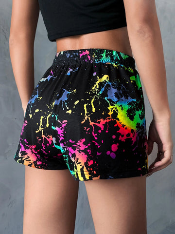 Splash Ink Print Tie Waist Shorts