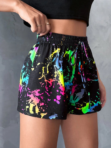 Splash Ink Print Tie Waist Shorts
