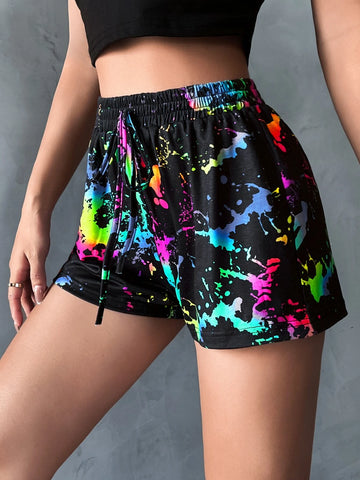 Splash Ink Print Tie Waist Shorts