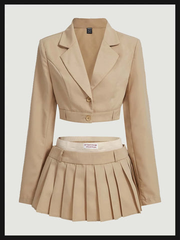 ICON Western Cowgirl Solid Lapel Neck Crop Blazer & Pleated Skirt