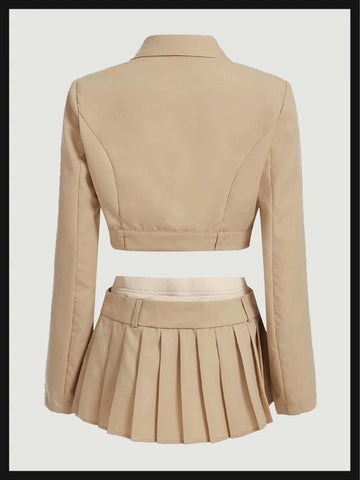 ICON Western Cowgirl Solid Lapel Neck Crop Blazer & Pleated Skirt