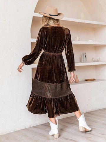 Rusttydustty Lantern Sleeve Ruffle Hem Belted Velvet Dress