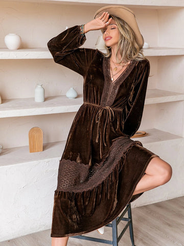 Rusttydustty Lantern Sleeve Ruffle Hem Belted Velvet Dress