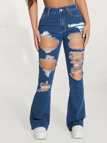 PETITE High Waist Ripped Flare Leg Jeans