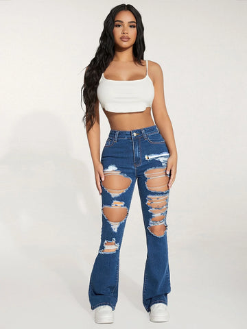 PETITE High Waist Ripped Flare Leg Jeans