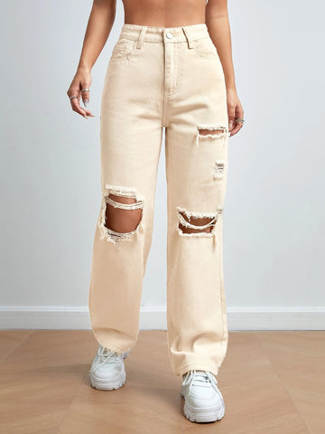 PETITE High Waist Ripped Straight Leg Jeans