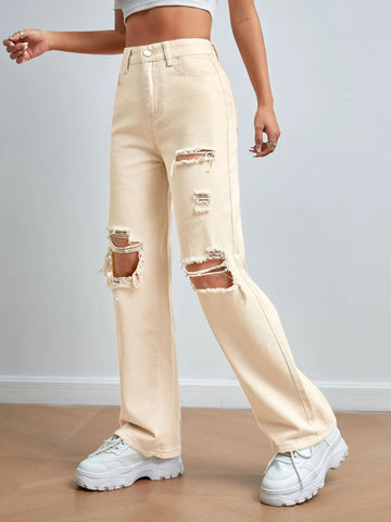 PETITE High Waist Ripped Straight Leg Jeans