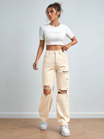 PETITE High Waist Ripped Straight Leg Jeans