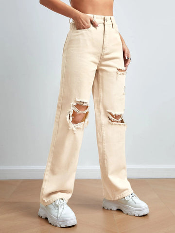PETITE High Waist Ripped Straight Leg Jeans