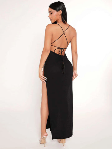 Crisscross Backless Split Thigh Cami Dress