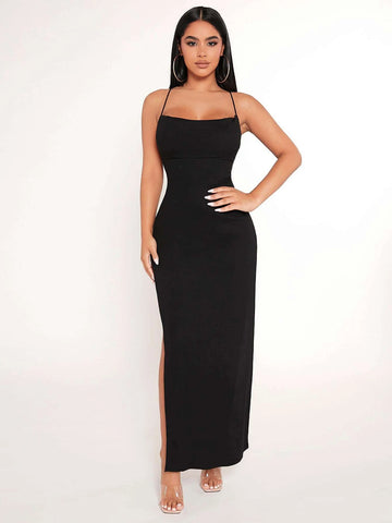 Crisscross Backless Split Thigh Cami Dress