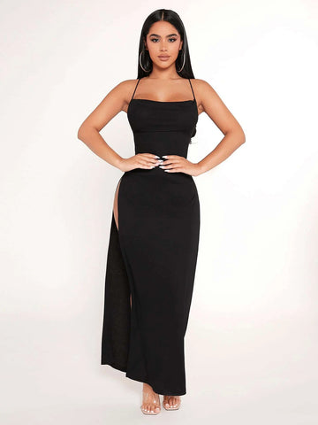 Crisscross Backless Split Thigh Cami Dress