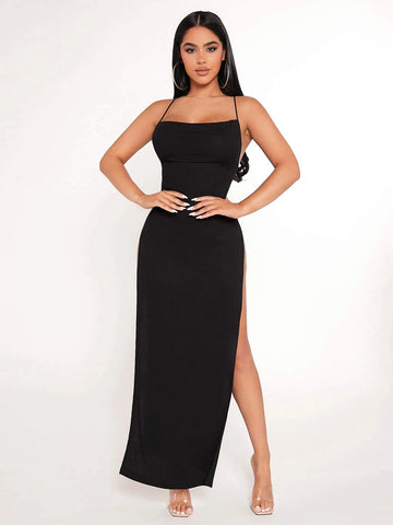 Crisscross Backless Split Thigh Cami Dress