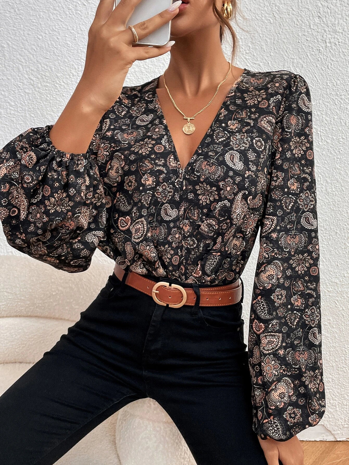 Floral & Paisley Print Lantern Sleeve Bodysuit