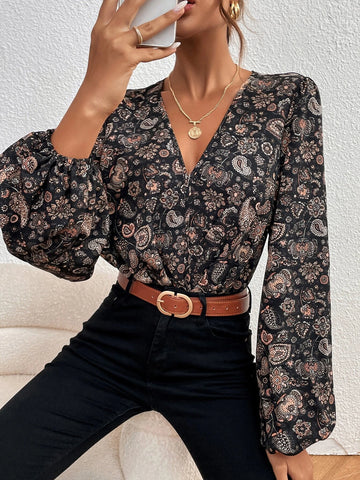 Floral & Paisley Print Lantern Sleeve Bodysuit