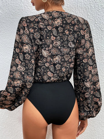 Floral & Paisley Print Lantern Sleeve Bodysuit