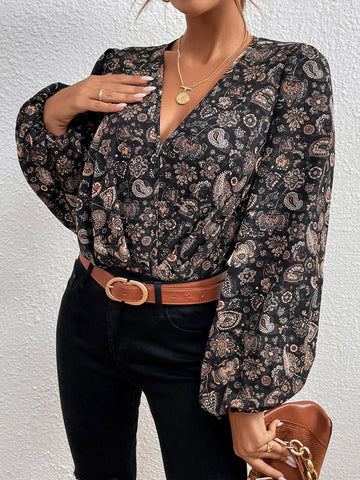 Floral & Paisley Print Lantern Sleeve Bodysuit