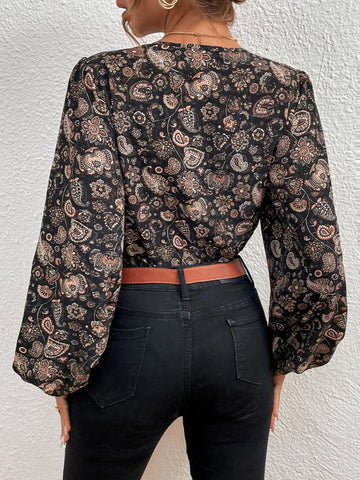 Floral & Paisley Print Lantern Sleeve Bodysuit