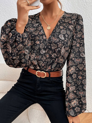Floral & Paisley Print Lantern Sleeve Bodysuit