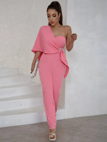 Eilly Bazar One Shoulder Cloak Sleeve Buckled Side Jumpsuit