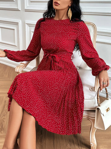 Polka Dot Print Lantern Sleeve Pleated Hem Belted Dress