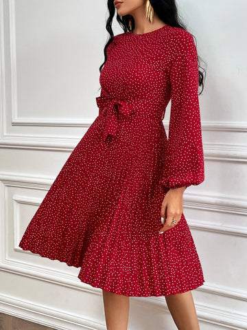 Polka Dot Print Lantern Sleeve Pleated Hem Belted Dress