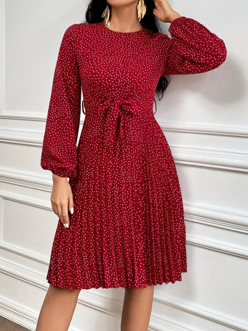 Polka Dot Print Lantern Sleeve Pleated Hem Belted Dress