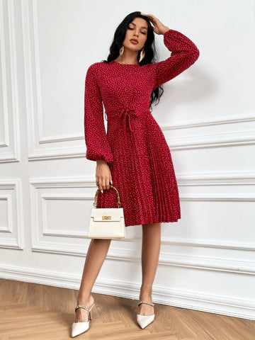 Polka Dot Print Lantern Sleeve Pleated Hem Belted Dress