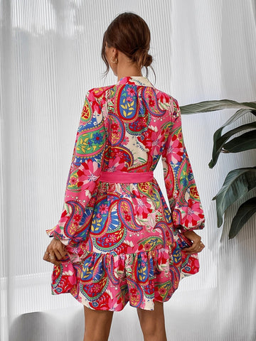 Paisley Print Lantern Sleeve Ruffle Hem Belted Dress