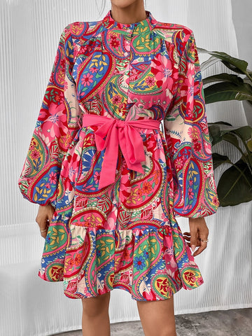 Paisley Print Lantern Sleeve Ruffle Hem Belted Dress