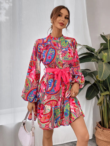 Paisley Print Lantern Sleeve Ruffle Hem Belted Dress
