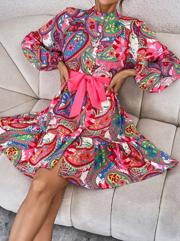 Paisley Print Lantern Sleeve Ruffle Hem Belted Dress