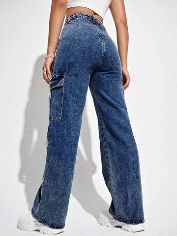 High Waisted Flap Pocket Cargo Jeans