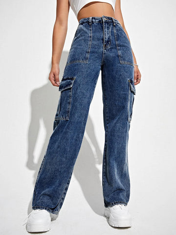 High Waisted Flap Pocket Cargo Jeans