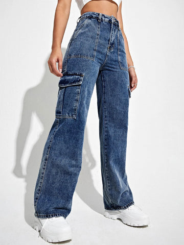 High Waisted Flap Pocket Cargo Jeans