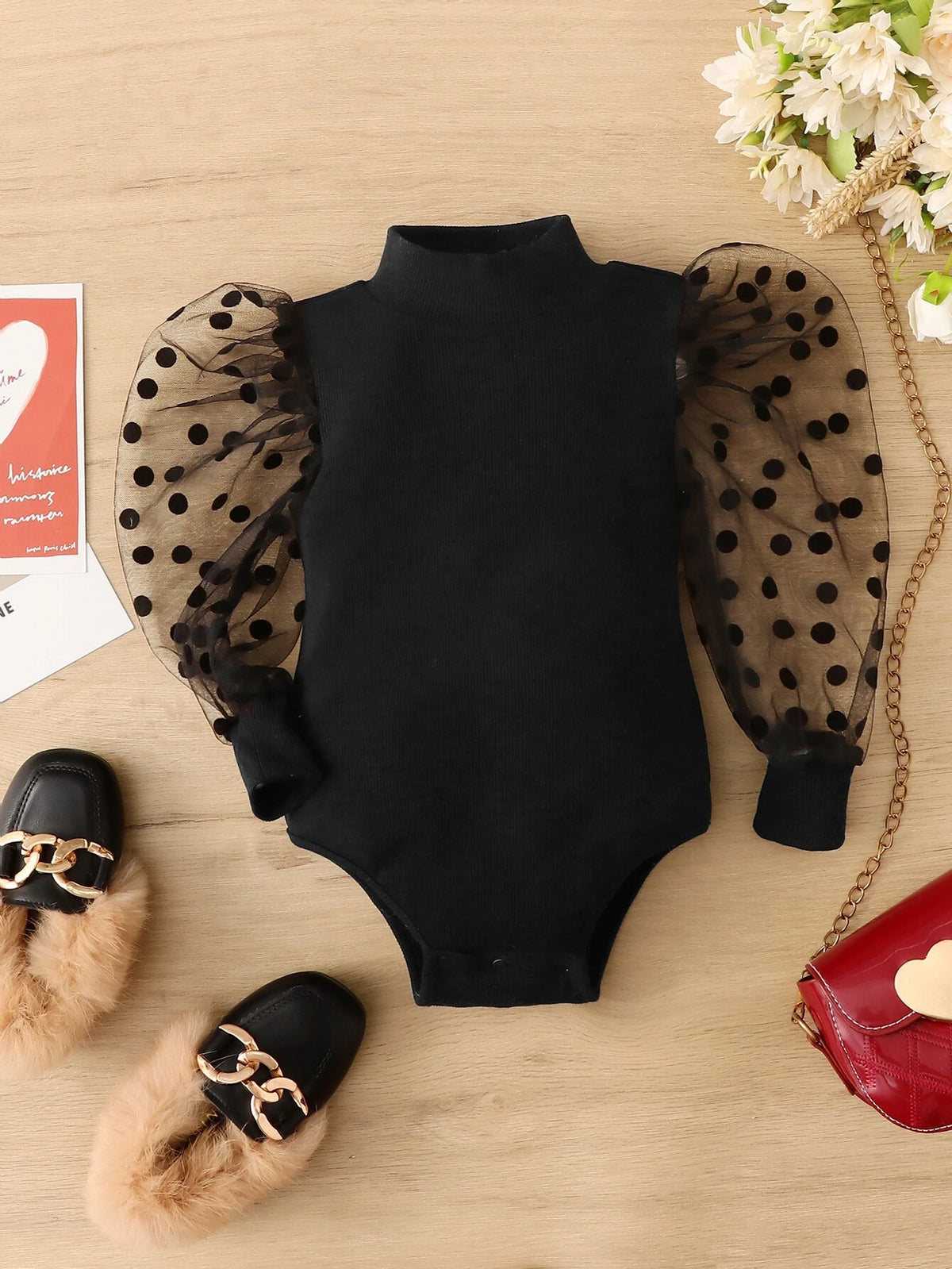 Baby Contrast Dobby Mesh Mock Neck Puff Sleeve Bodysuit