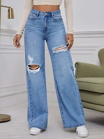 High Waist Ripped Wide Leg Jeans