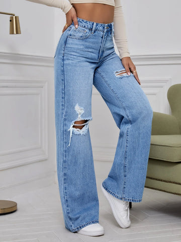 High Waist Ripped Wide Leg Jeans