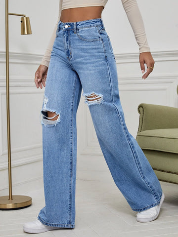 High Waist Ripped Wide Leg Jeans